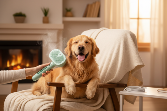 Dog being brushed with steam pet brush