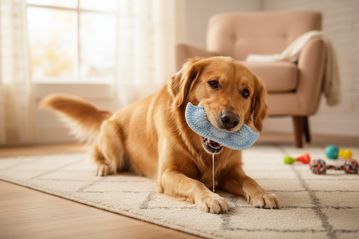 Dog chewing on toy ball