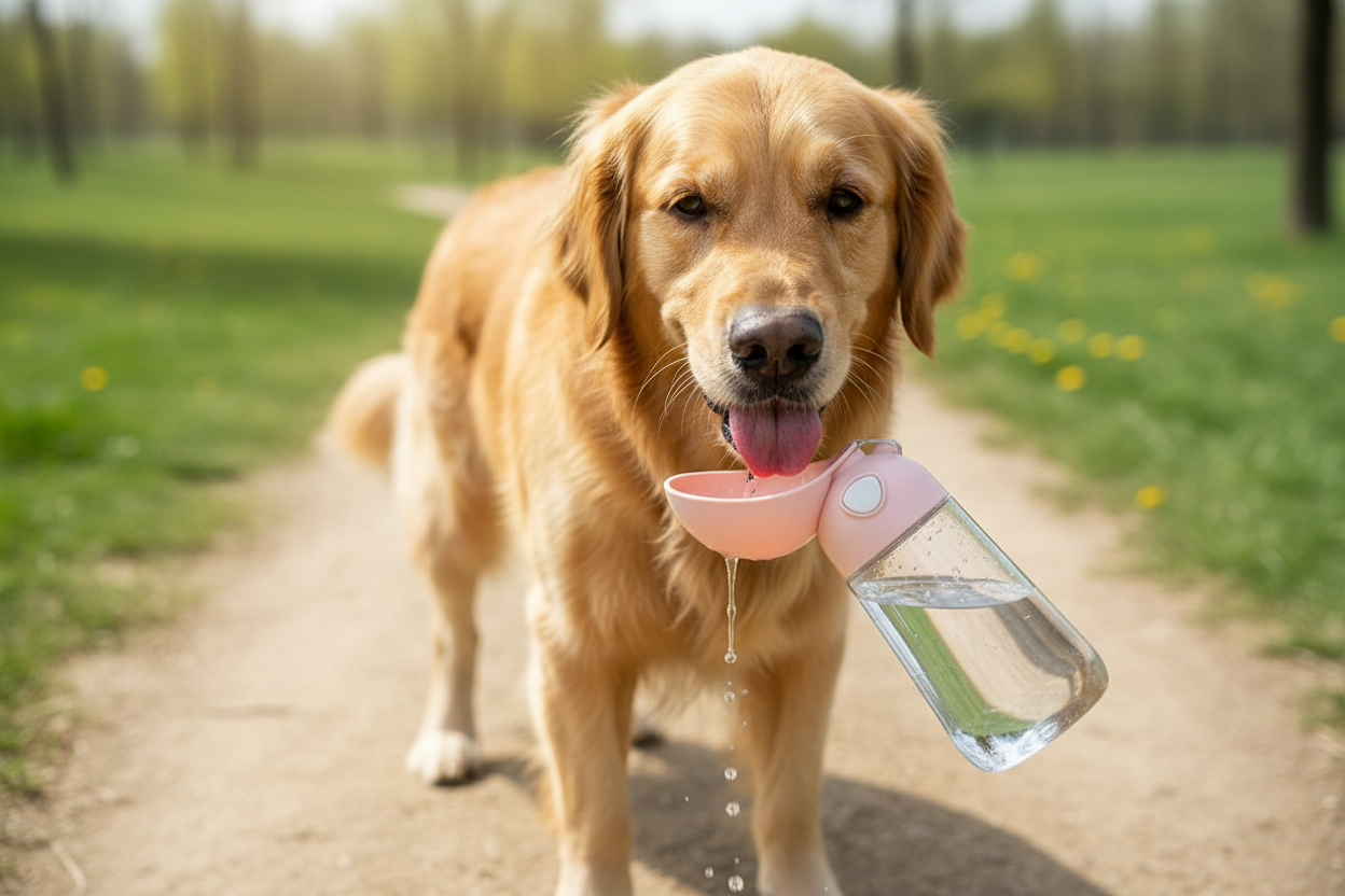 Dog drinking from portable water bottle