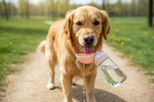 Dog drinking from portable water bottle