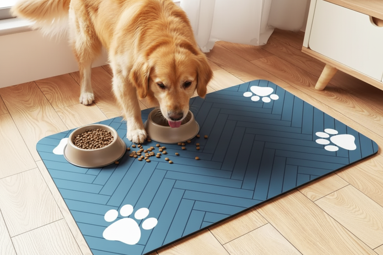 Dog eating from bowl on diatom mat