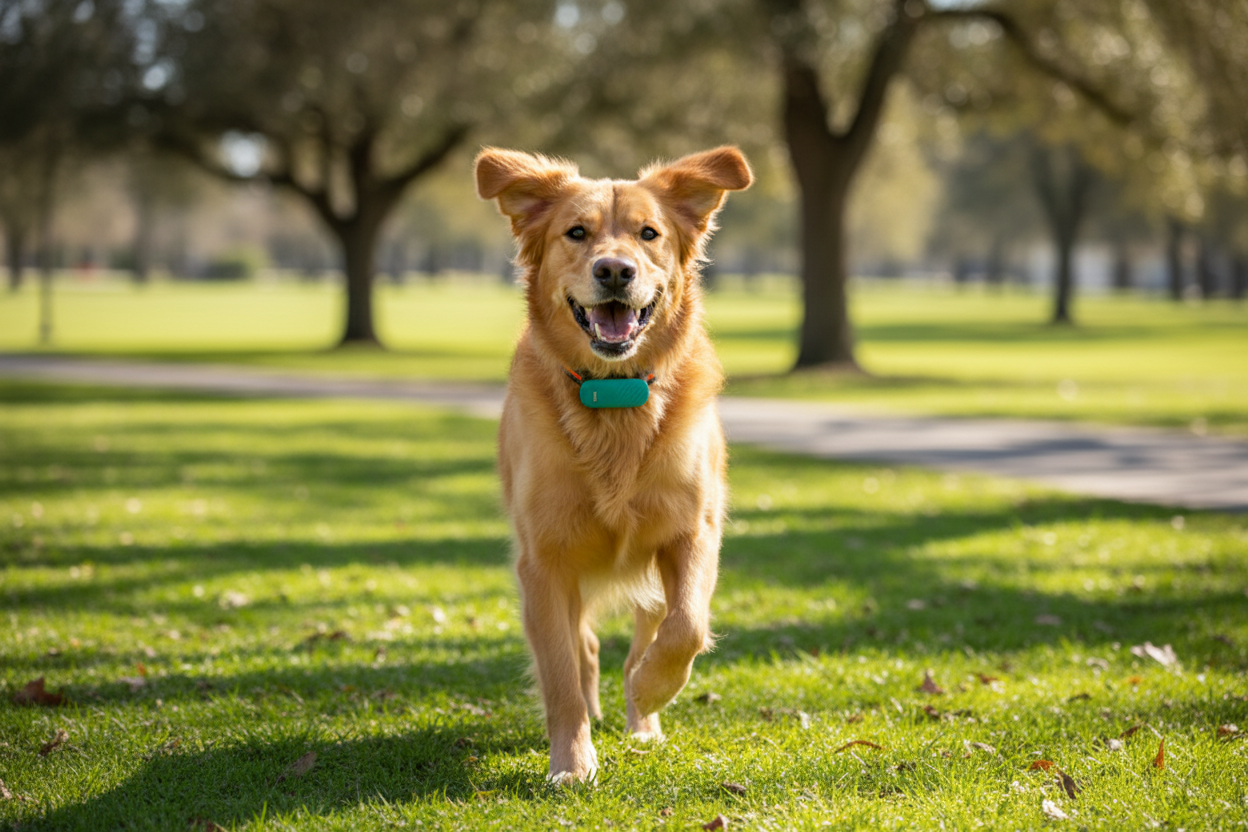 Dog wearing waterproof pet tracker collar
